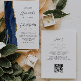 Convite Casamento Código QR Ágata Dourada Azul Naval