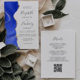 Convite Casamento Código QR Ágata Dourada Azul Real