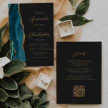 Casamento Código QR Ágata Dourada Azul Verde Escur