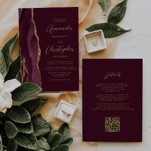 Convite Casamento Código QR Ágata Dourada Borgonha