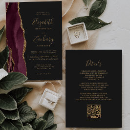 Convite Casamento Código QR Ágata Dourada Borgonha Escura