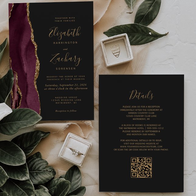 Convite Casamento Código QR Ágata Dourada Borgonha Escura (Criador carregado)