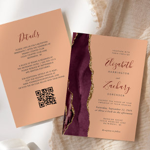 Convite Casamento Código QR Ágata Dourada de Borgonha e Pê