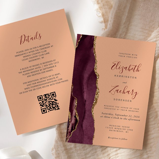 Convite Casamento Código QR Ágata Dourada de Borgonha e Pê (Criador carregado)