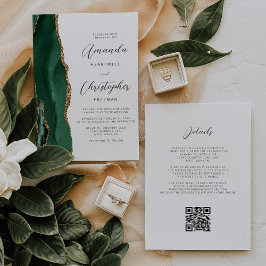 Convite Casamento Código QR Ágata Dourada Esmeralda Verde