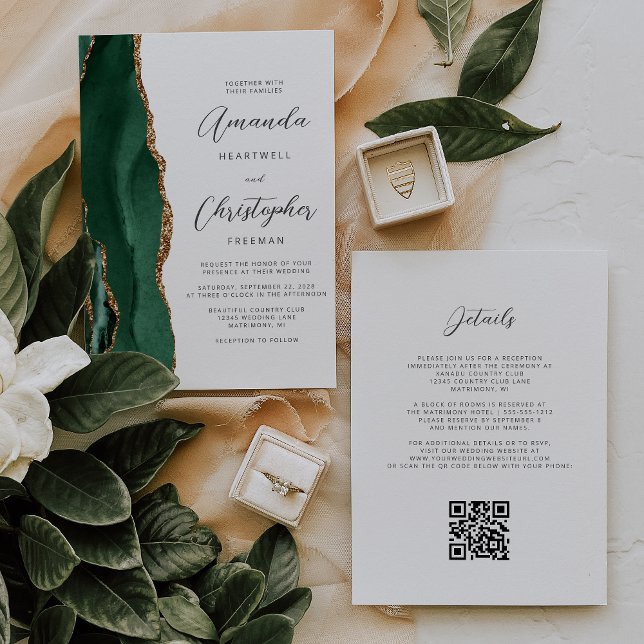 Convite Casamento Código QR Ágata Dourada Esmeralda Verde (Criador carregado)