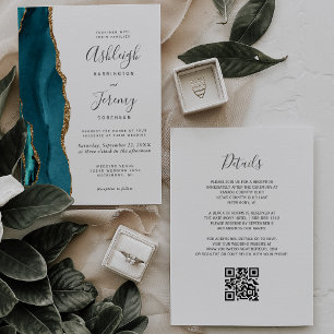 Convite Casamento Código QR Ágata Dourada Verde