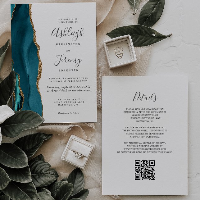 Convite Casamento Código QR Ágata Dourada Verde (Criador carregado)