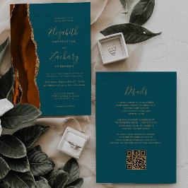 Convite Casamento Código QR Ágata Dourado Laranja Queimada