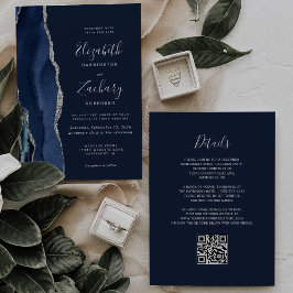 Convite Casamento Código QR Ágata Prata Azul-Marinho Moder