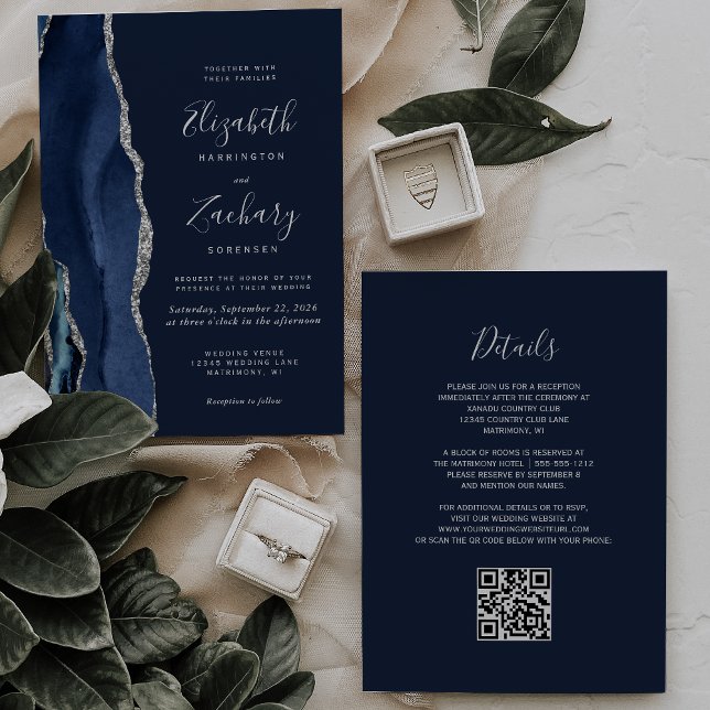 Convite Casamento Código QR Ágata Prata Azul-Marinho Moder (Criador carregado)