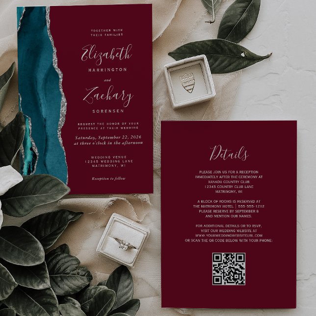 Convite Casamento Código QR Ágata Prata Verde-Burro Burgun (Criador carregado)