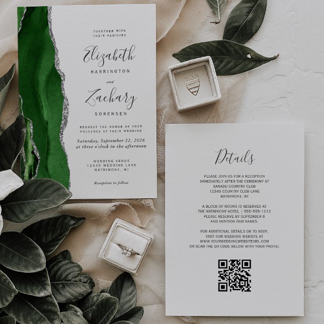 Convite Casamento Código QR Ágata Verde Caçador Prata (Criador carregado)