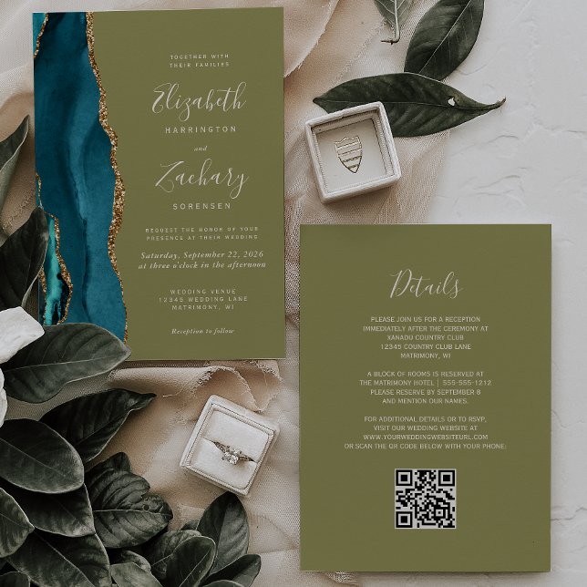 Convite Casamento Código QR Ágata Verde Oliva Dourado Teal (Criador carregado)