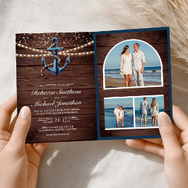 Convite Casamento Código QR Âncora Azul Marinho Madeira Rú
