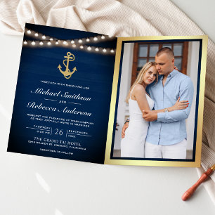 Convite Casamento Código QR Âncora Dourada Náutica Azul-Ma