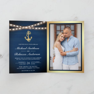Convite Casamento Código QR Âncora Dourada Náutica Azul-Ma