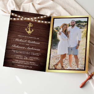 Convite Casamento Código QR Âncora Dourada Náutica Madeira
