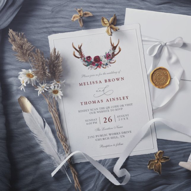 Convite Casamento Código QR Antílope Floral Borgonha Român (Criador carregado)