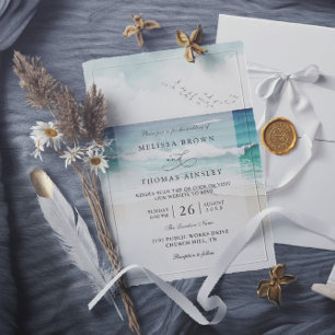 Convite Casamento Código QR Aquarela Areia do Mar Praia Co