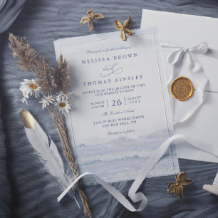 Convite Casamento Código QR Aquarela Azul Ondas Oceânicas
