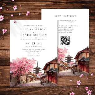 Convite Casamento Código QR Aquarela em Kyoto Japão