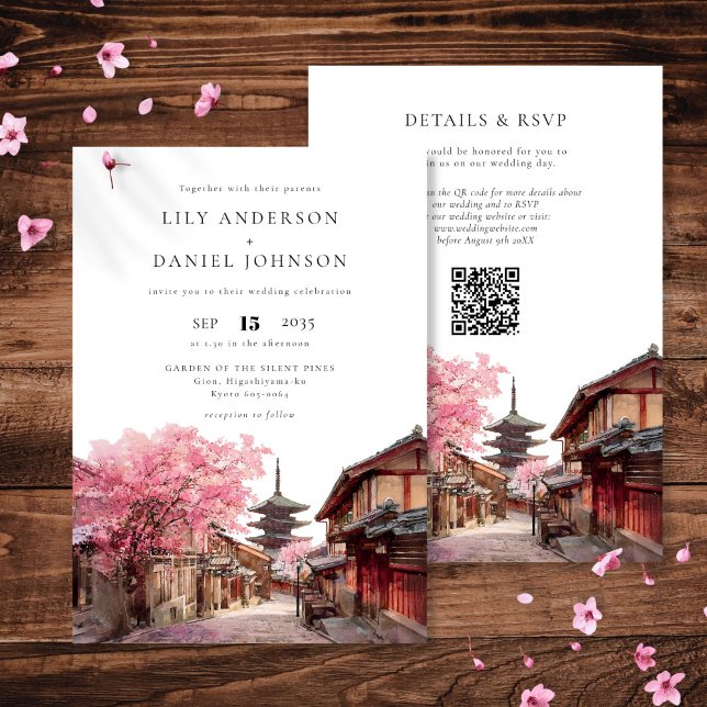 Convite Casamento Código QR Aquarela em Kyoto Japão (Kyoto Japan Watercolor QR Code Wedding Invitation)