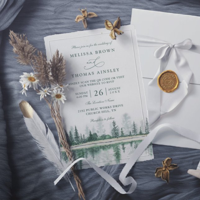 Convite Casamento Código QR Aquarela Floresta de Montanha  (Criador carregado)
