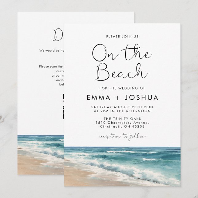 Convite Casamento Código QR Aquarela Moderna na Praia (Frente/Verso)