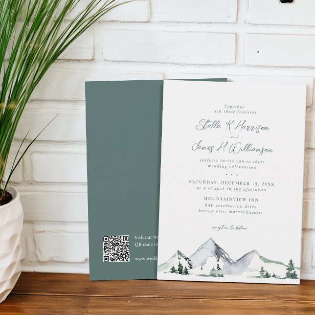 Convite Casamento Código QR Aquarela Montanhas Rústicas (Rustic Mountains Watercolor QR Code Wedding Invitation)