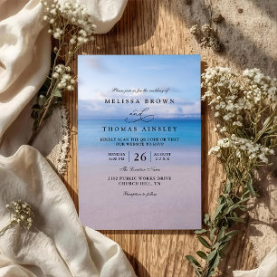 Convite Casamento Código QR Aquarela Oceano Praia Elegante