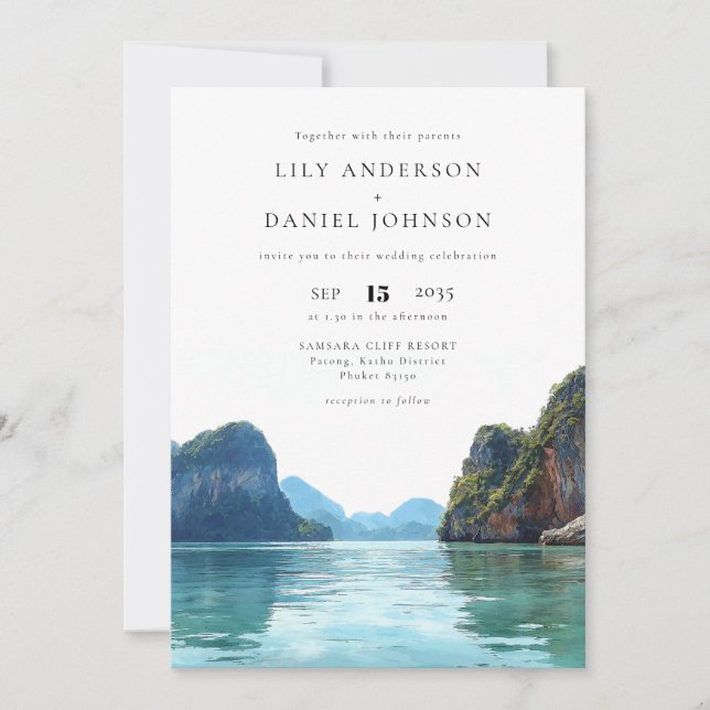 Convite Casamento Código QR Aquarela Phuket Tailândia (Frente)