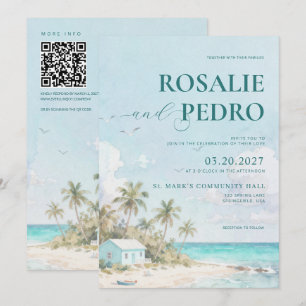 Convite Casamento Código QR Aquarela Praia Verão Azul
