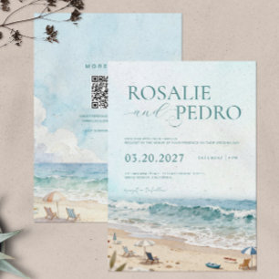 Convite Casamento Código QR Aquarela Praia Verão Céu Azul