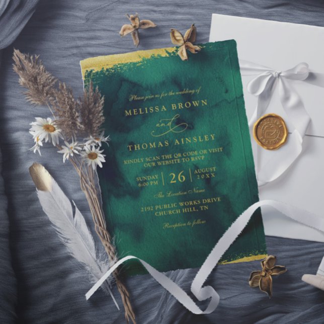Convite Casamento Código QR Aquarela Verde Esmeralda Doura (Criador carregado)