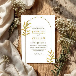 Convite Casamento Código QR Arco Botânico Dourado Minimali