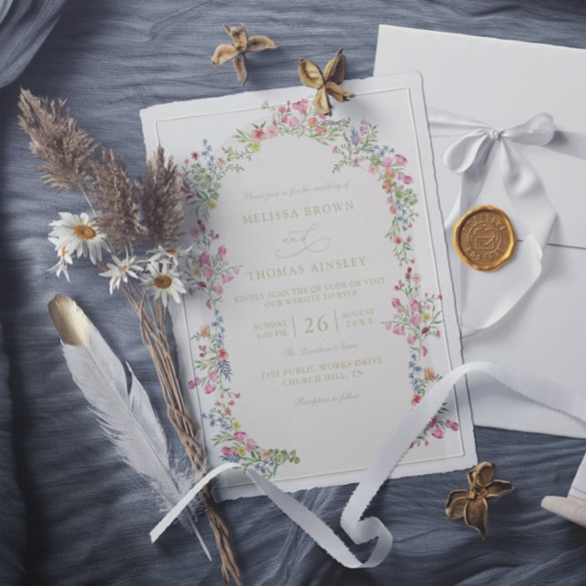 Convite Casamento Código QR Arco Floral Romântico Delicado (Criador carregado)