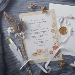 Convite Casamento Código QR Areia do Mar Praia Conchas Ele