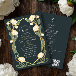 Convite Casamento Código QR Art Nouveau Peônia Branca Eleg