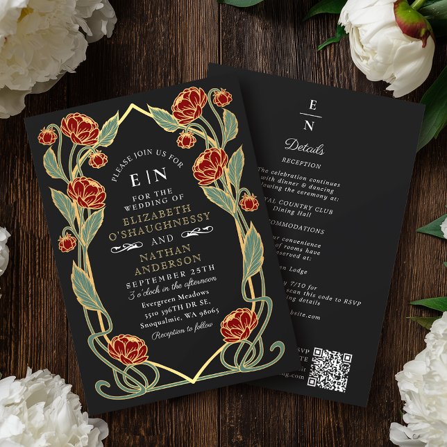 Convite Casamento Código QR Arte Nova Peônia Vermelha Eleg (Criador carregado)