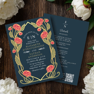 Convite Casamento Código QR Arte Nova Rosa Elegante Peônia