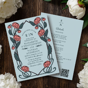 Convite Casamento Código QR Arte Nova Rosa Elegante Peônia