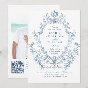 Convite Casamento Código QR Azul Empoeirado Floral Ornamen