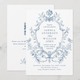 Convite Casamento Código QR Azul Empoeirado Floral Vitoria