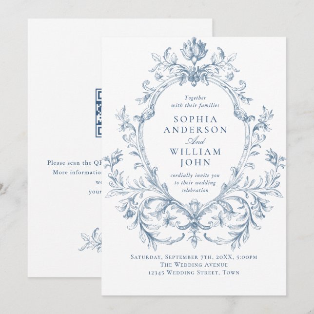 Convite Casamento Código QR Azul Empoeirado Floral Vitoria (Frente/Verso)