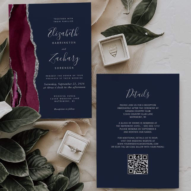 Convite Casamento Código QR Azul Marinho Ágata Prata Borgo (Criador carregado)
