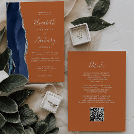 Convite Casamento Código QR Azul Marinho Ágata Prata Ferru
