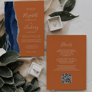 Convite Casamento Código QR Azul Marinho Ágata Prata Ferru