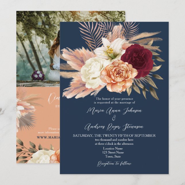 Convite Casamento Código QR Azul Marinho Borgonha (Frente/Verso)