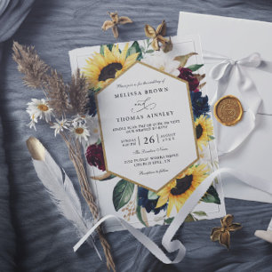 Convite Casamento Código QR Azul Marinho Borgonha Girassol